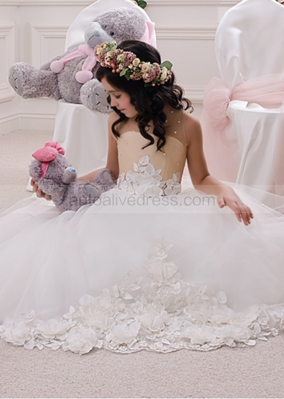 Beaded Tulle Petal Floor Length Flower Girl Dress Ball Gown